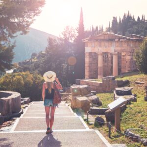 Guest walking towards Delphi archaelogical site